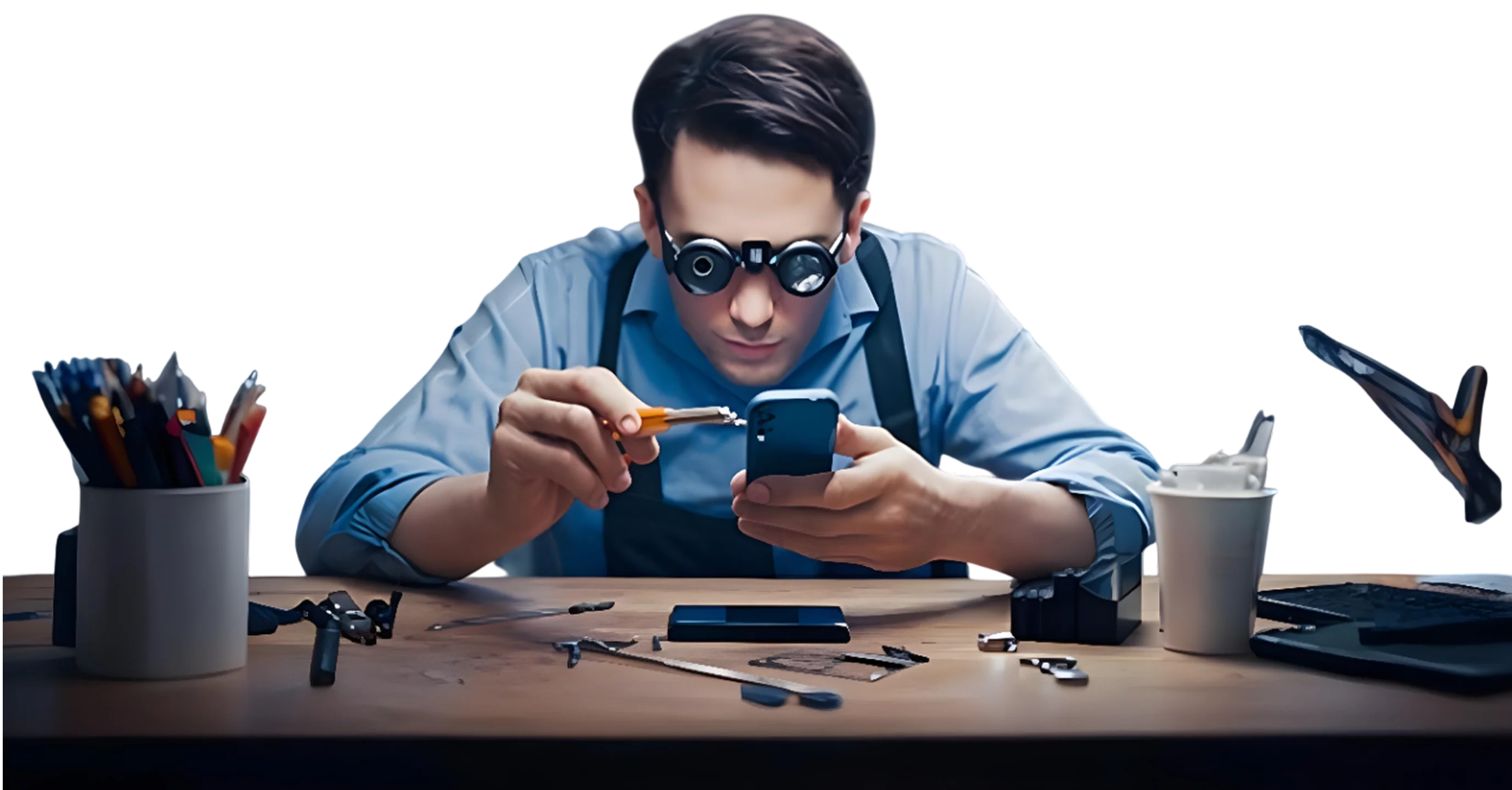 Technician repairing a smartphone using precision tools