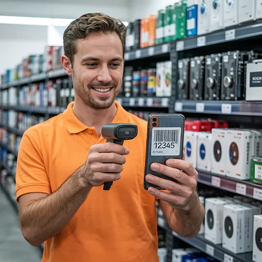 image of man holding scanner